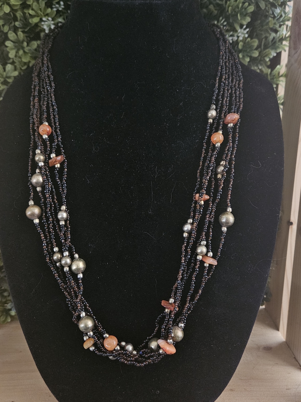 Long Vintage Brown And Orange Beaded Multi Strand Necklace